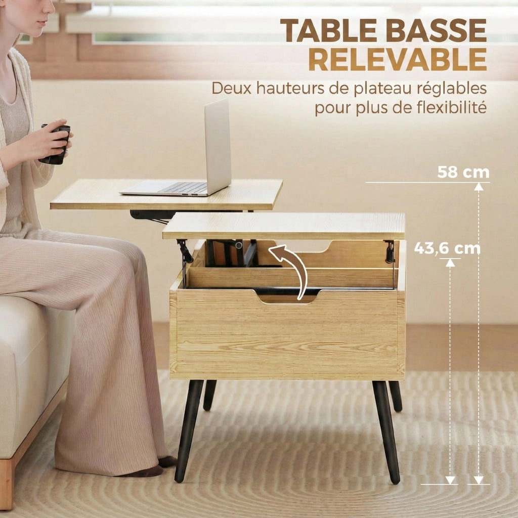 Tavolino da caff¨¨ con doppio piano e ripiano nascosto ¨C zephmum ¨C legno naturale, gambe in metallo