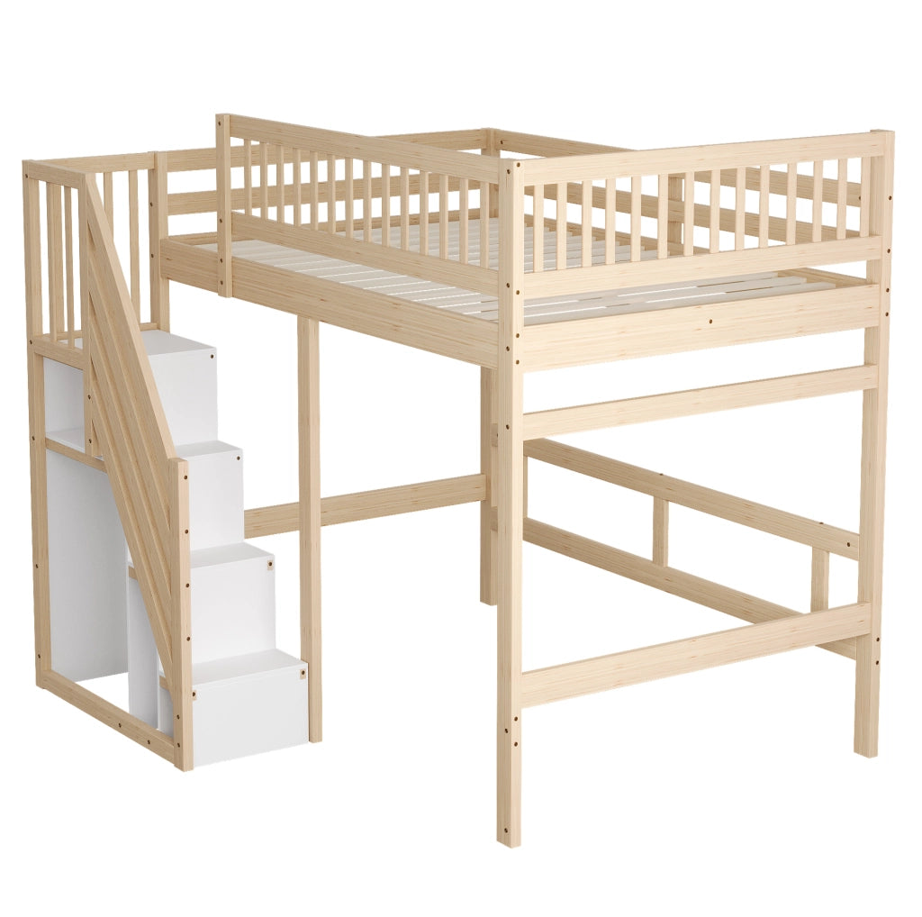 Letto in Legno Massello 140x200 cm con Scala Contenitore e Sponda Alta, Letto Bambini e Ragazzi Colore Legno