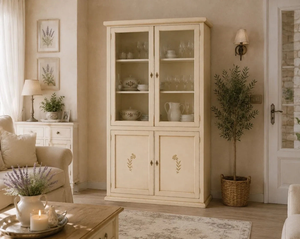 Vetrina 4 ante in legno shabby avorio anticato decorata 120x41x187 - Mobili 2G