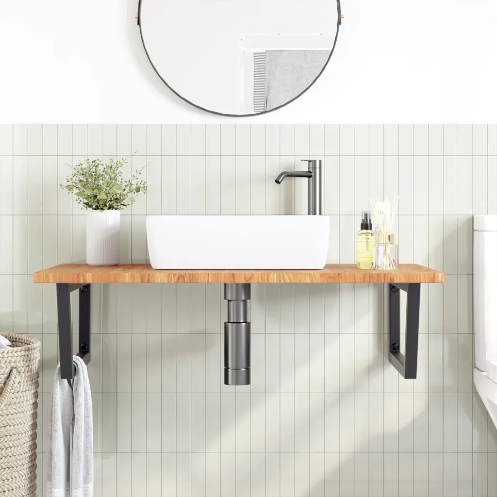Ripiano a Parete per Lavabo in Acciaio e Massello di Rovere