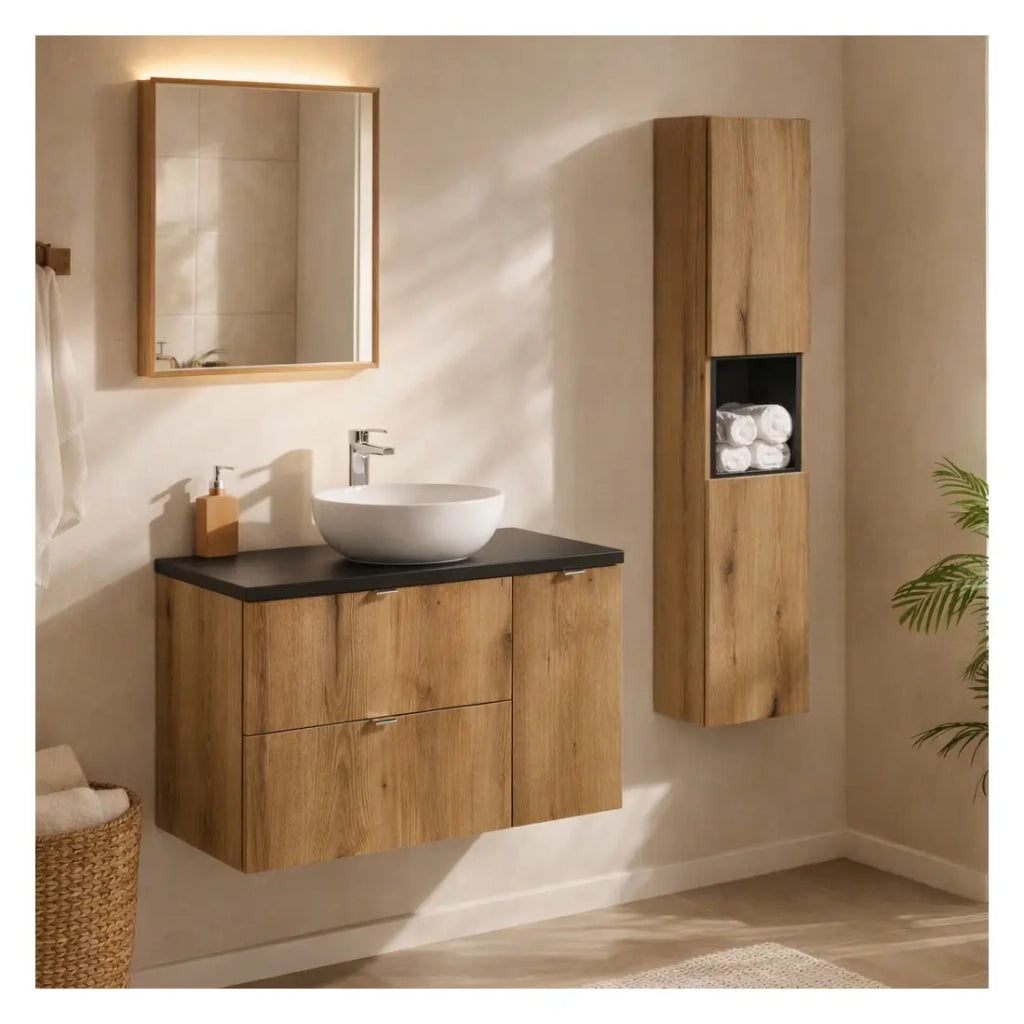Set da bagno VANO in rovere e nero 120cm: mobile sottolavabo con cassetti e armadietti + piano per lavabo + colonna
