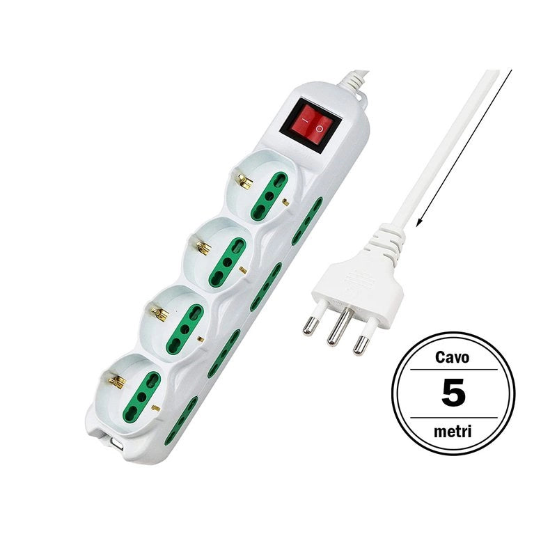Multipresa Ciabatta Elettrica Cavo 5M Con 12 Posti 4 Prese Schuko 10/16A + 8 Prese Bipasso 2P+T 10/16A Interruttore