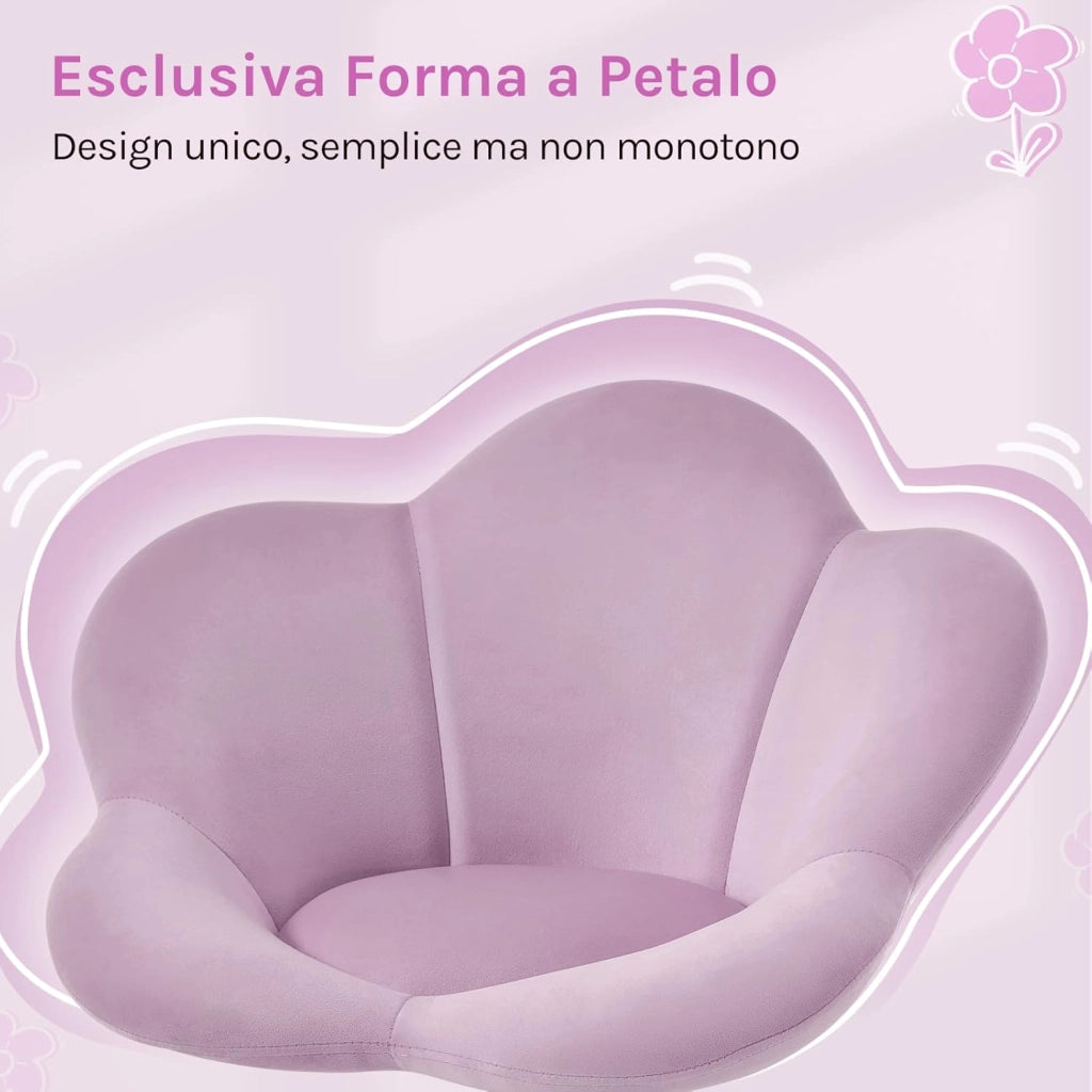 Sedia da Scrivania per Bambini, Sedia Ufficio Ergonomica Girevole e Regolabile in Altezza con Rotelle, Seduta a Forma di Fiore per Studio, Camera da Letto, Velluto, Viola Pastello