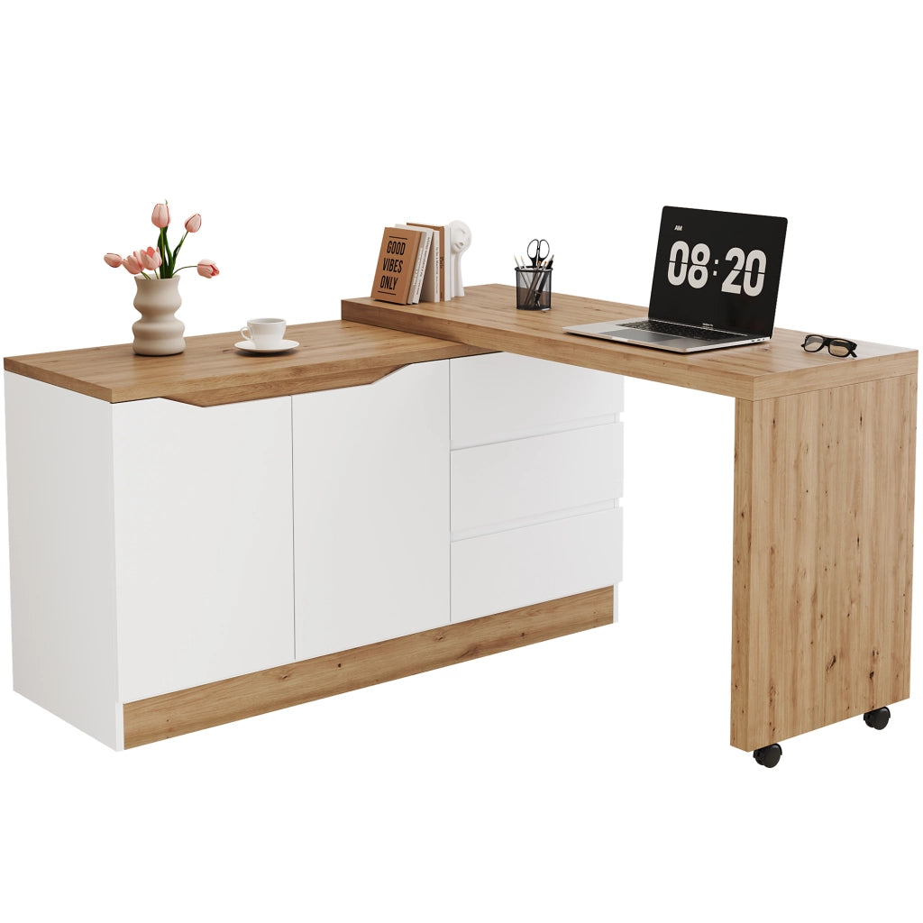 Scrivania pieghevole girevole con ruote frenanti, 120x50x78 cm, bianco e rovere, 2 ante e 3 cassetti
