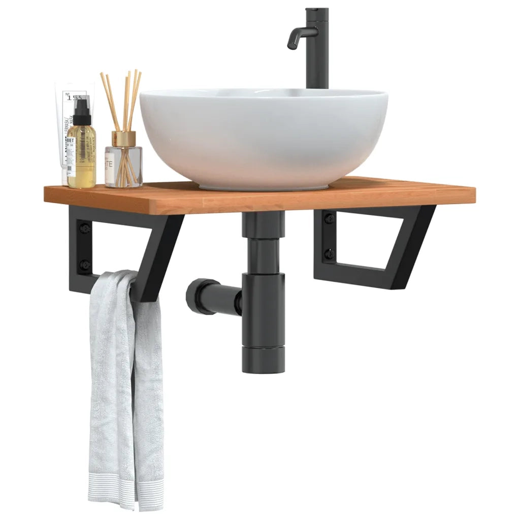 Ripiano a Parete per Lavabo in Acciaio e Massello di Faggio 3302371