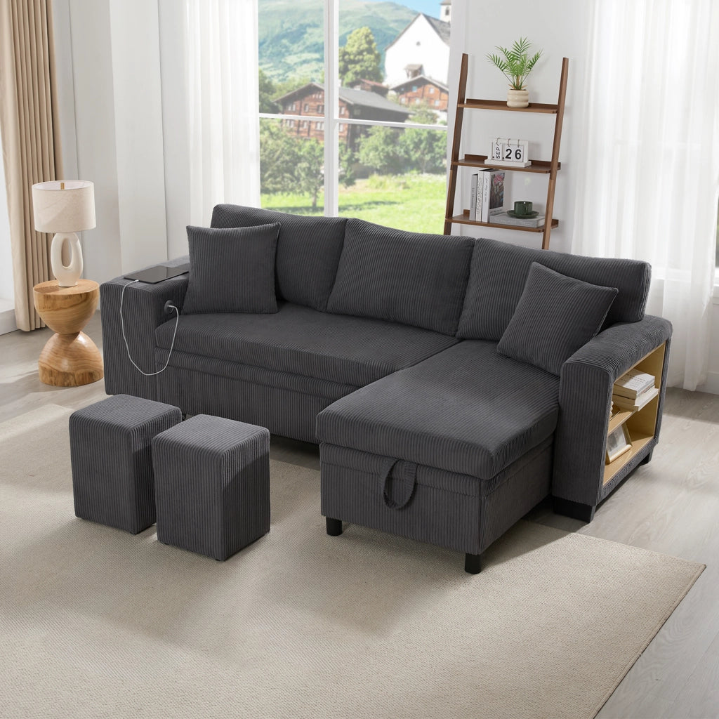 Divano Angolare Convertibile 3-4 Posti con Letto, USB e USB-C, Contenitore, Scaffale, Velluto a Coste Grigio