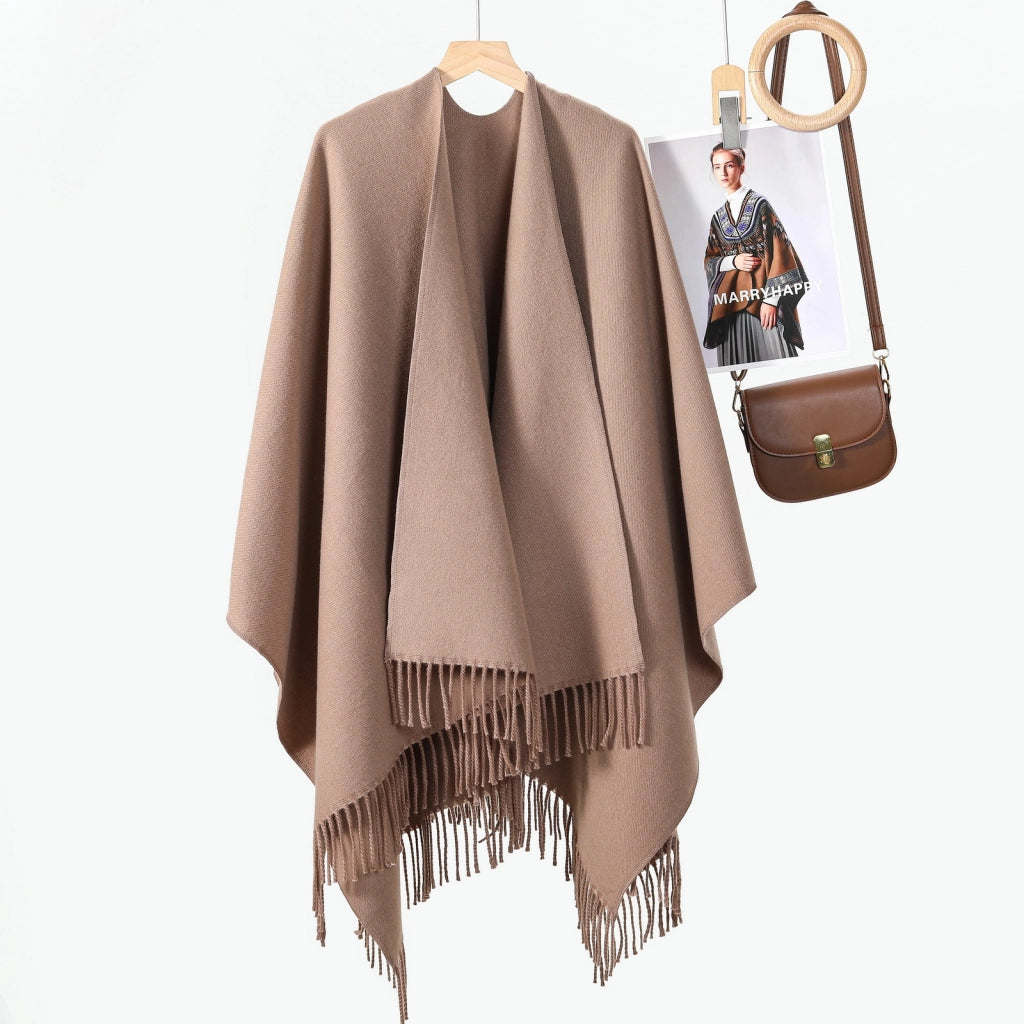 Nuovo scialle in tinta unita in stile coreano, elegante e versatile, con nappe, pi¨´ spesso e adatto come capospalla.