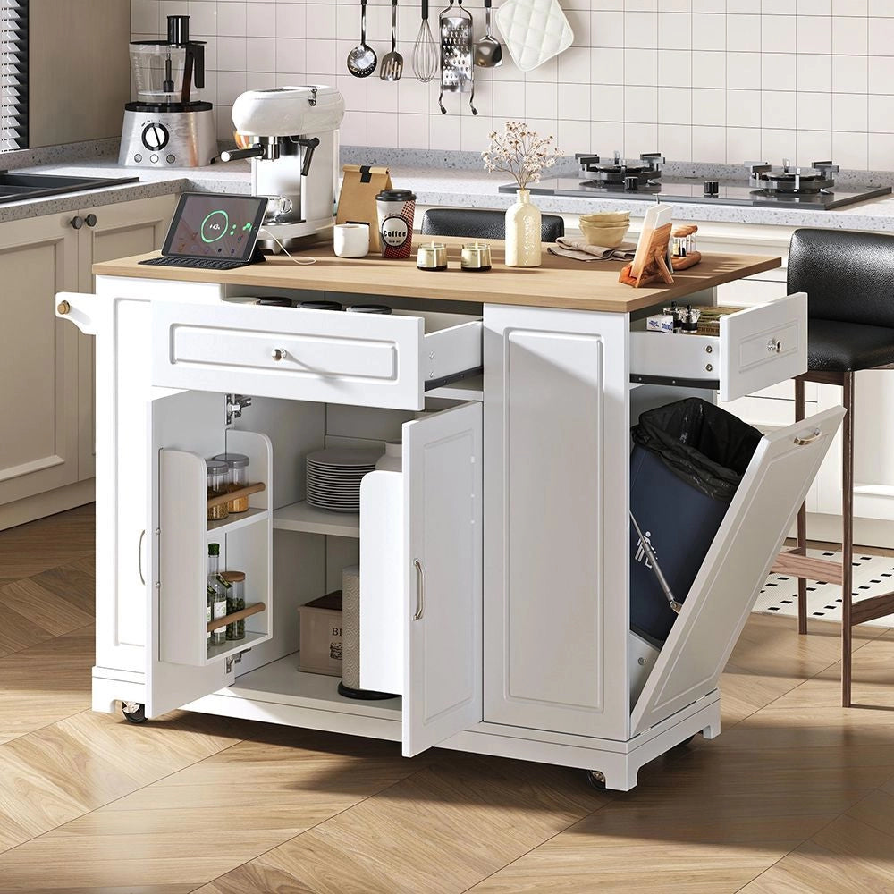Isola da cucina mobile - Xylo - Bianco - Estensibile con tiroiri e cestino