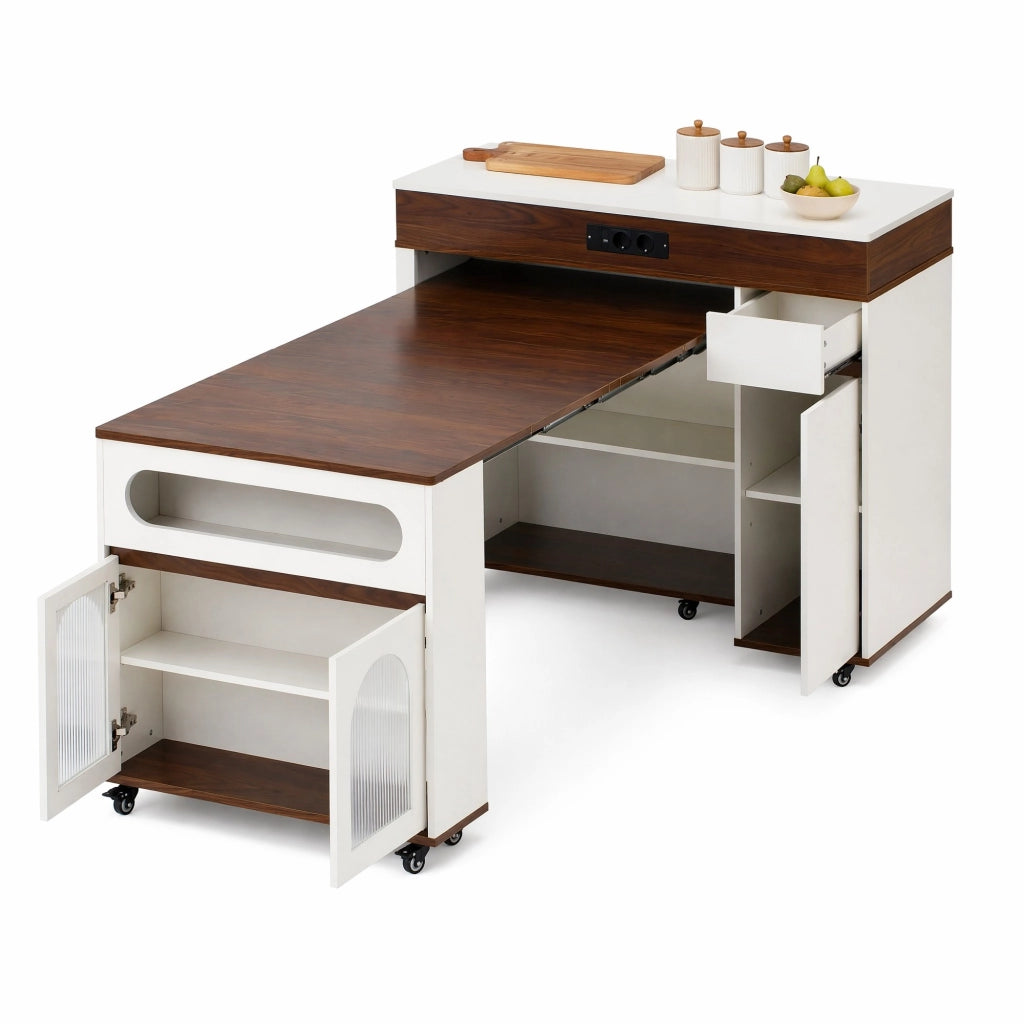 Isola cucina con ruote 110,5 x 50,5 x 95,5 cm bianca e noce con prese