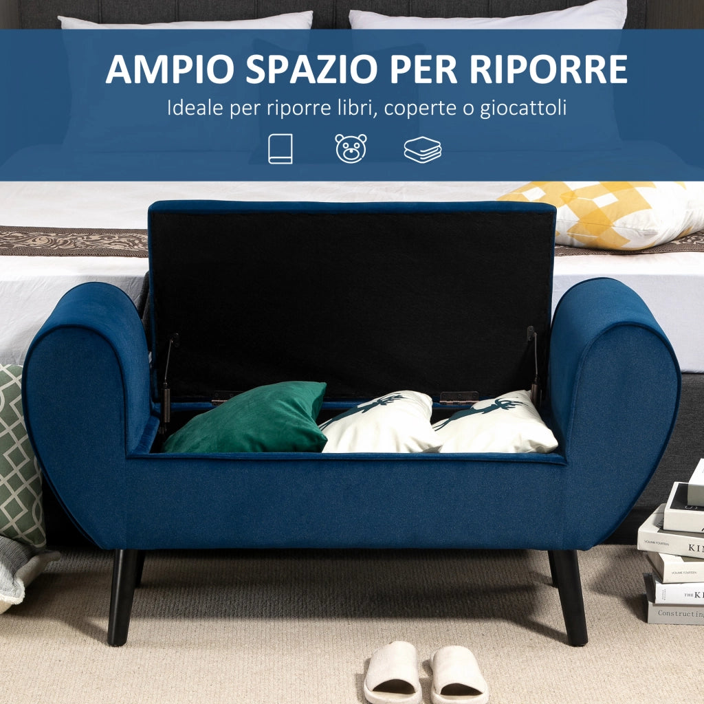 Divano imbottito con contenitore e braccioli ¨C zephmum ¨C Tessuto velluto, Blu, 118x42x66cm