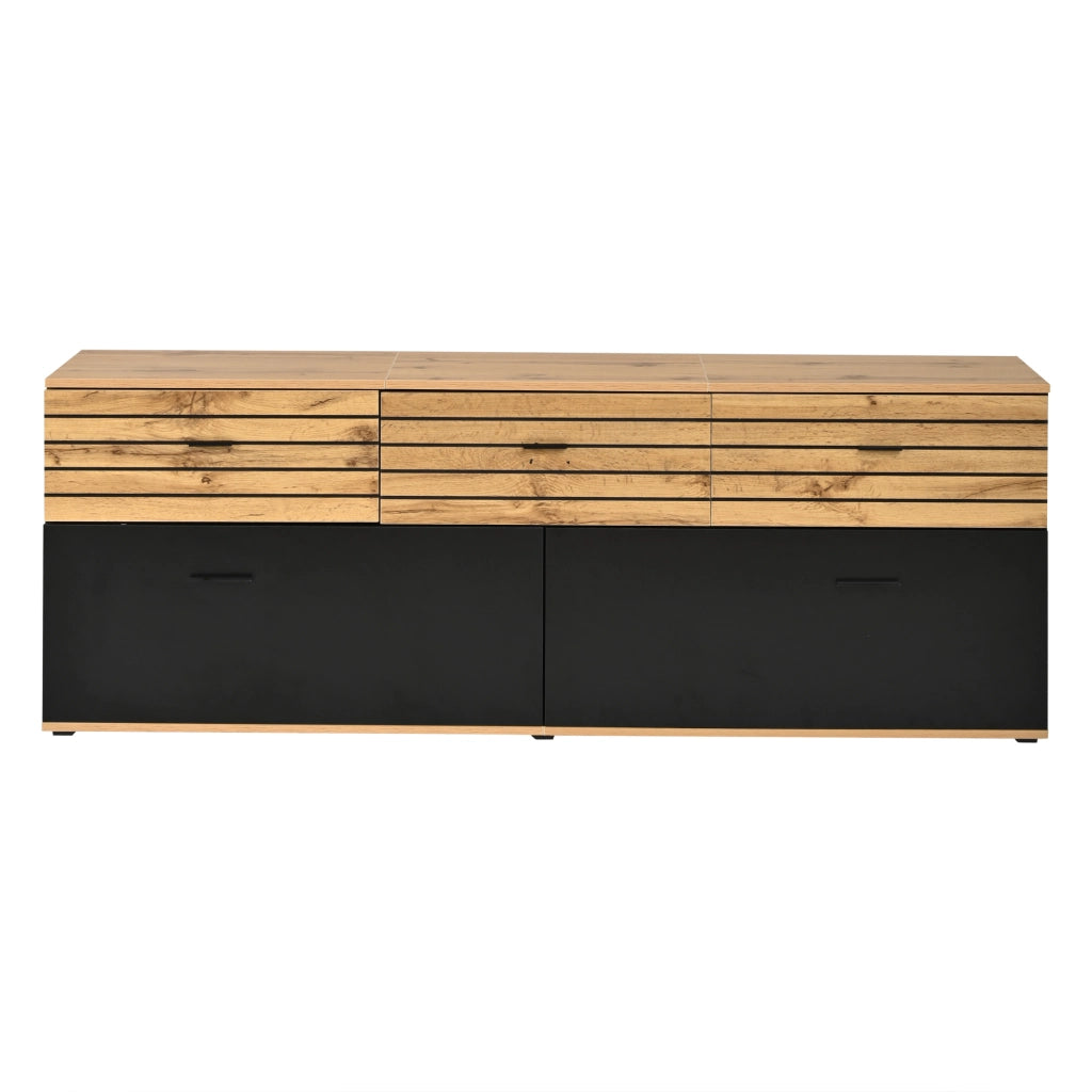 Mobile TV con 3 cassetti e 2 ante a ribalta, 168 cm, per TV fino a 65", colore naturale e nero, con motivo ondulato