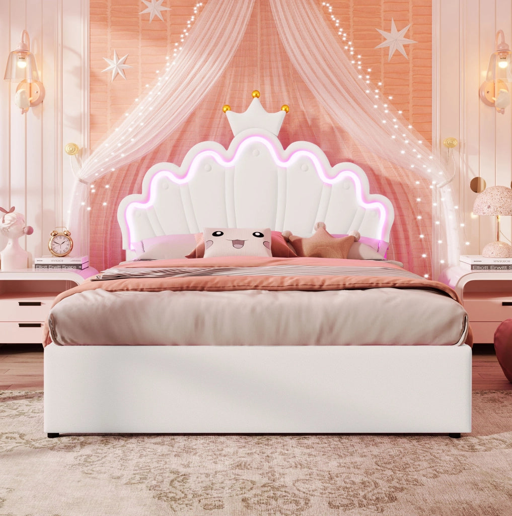 Letto per bambini 140x200 cm con LED; 2 cassetti e testiera regolabile; similpelle bianca e rosa