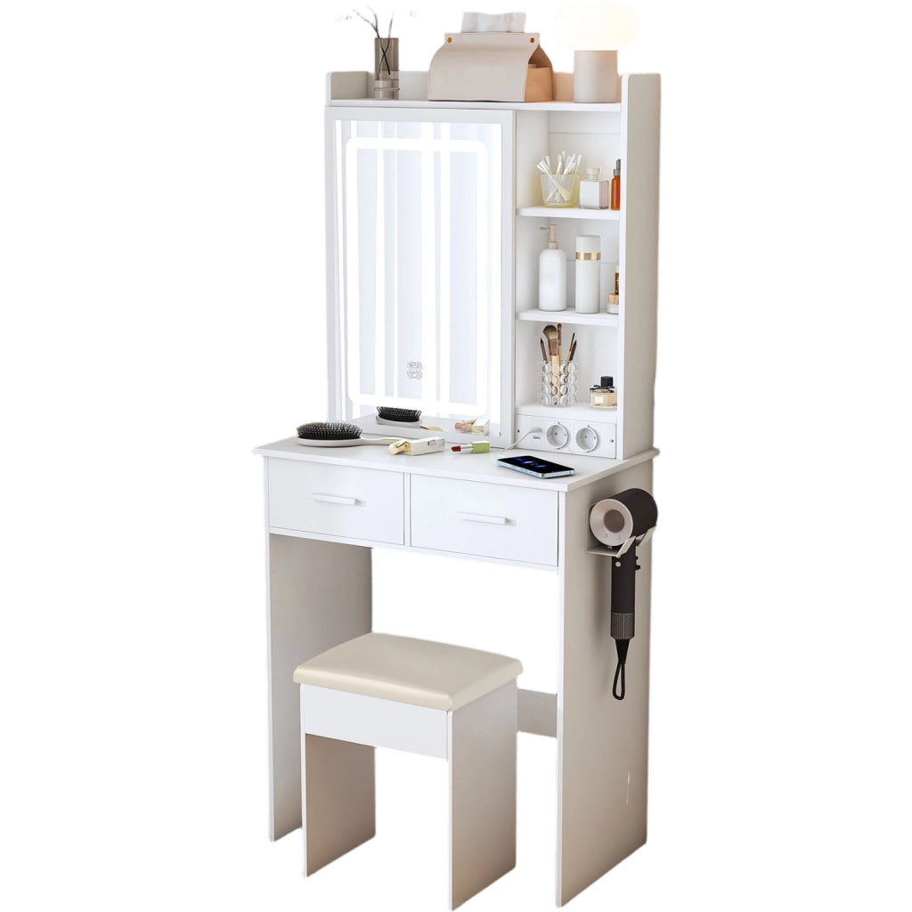 Tavolo da trucco con illuminazione LED regolabile; sgabello imbottito; MDF bianco