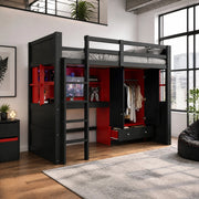 LETTO A CASTELLO ALTO 90x200 cm Nero/Rosso con scrivania e armadio