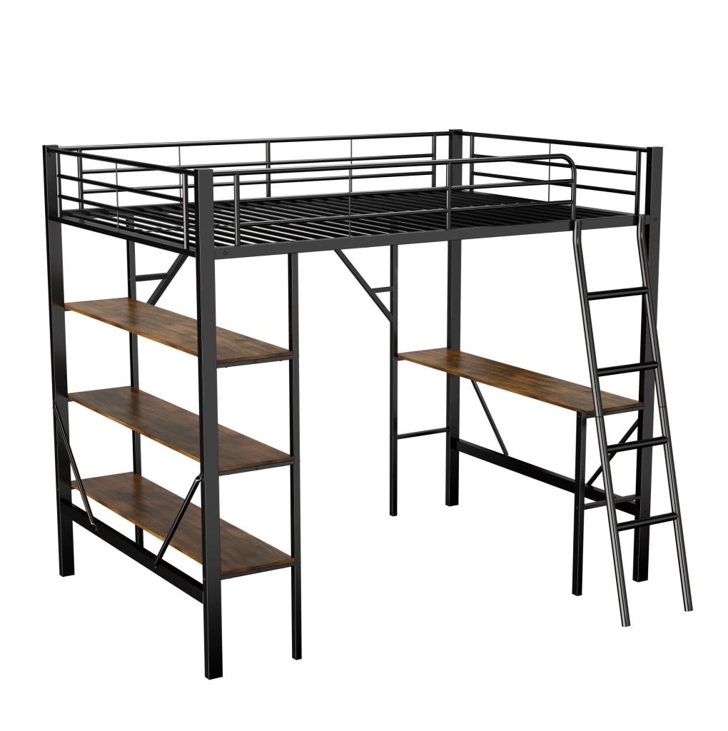 Letto a soppalco 90x200 cm nero con scrivania e 3 ripiani