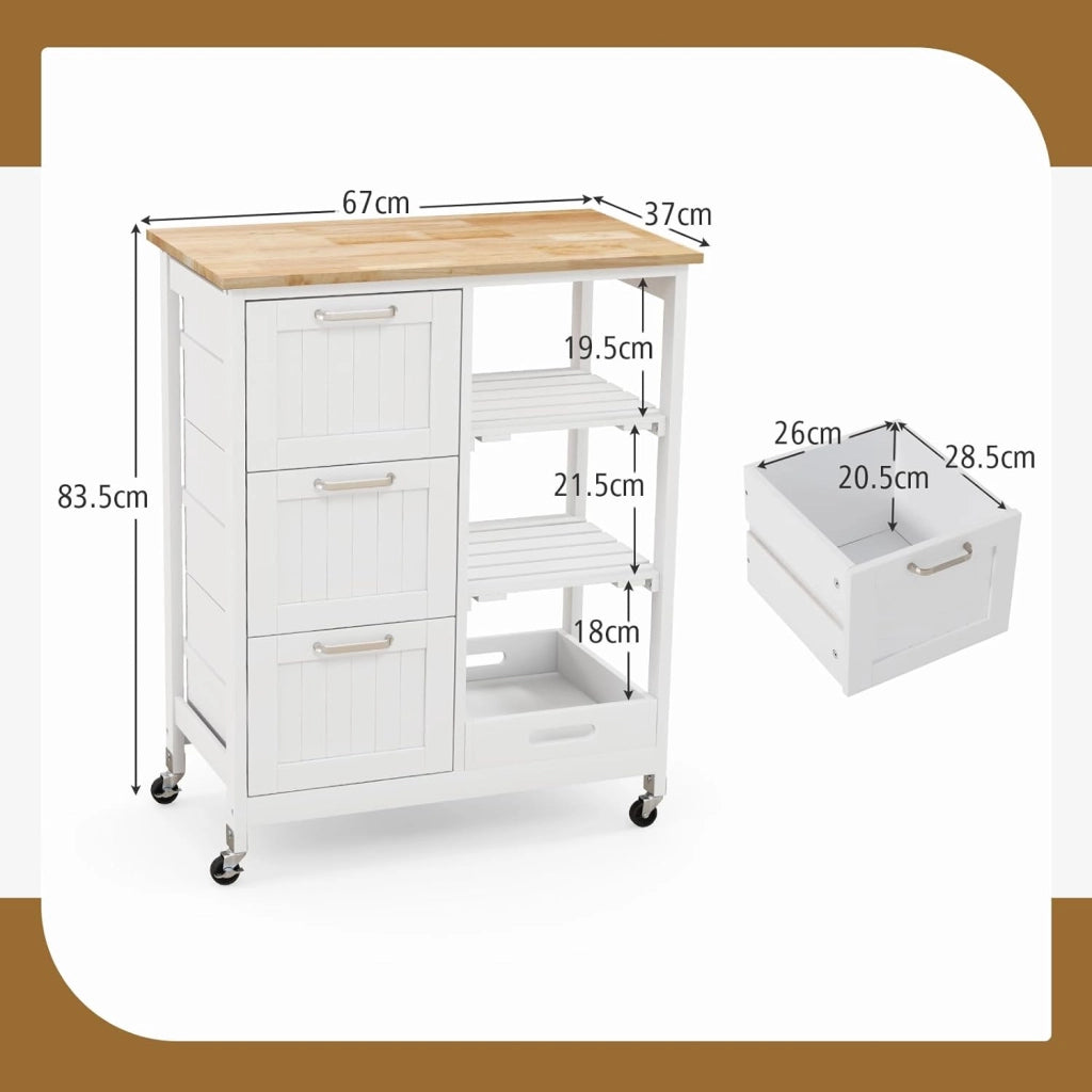 Carrello di Servizio con 4 Ripiani, Scaffale da Cucina con Rotelle, Mobiletto Cucina Salvaspazio con 3 Grandi Cassetti, 67x37x83,5 cm, 2 Colori (bianco)