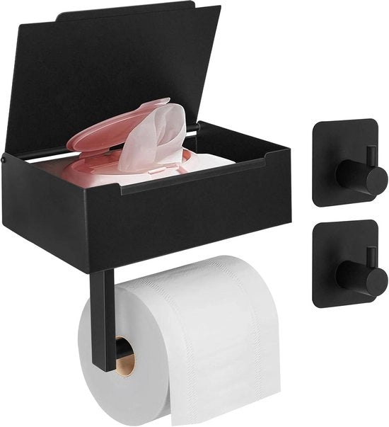 Supporto di Carta igienica autoadesivo nero con cassettino per tessuto assorbente e box per tovaglioli, senza perforazione
