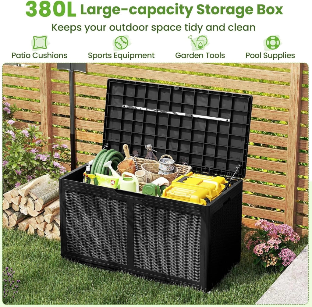 Scatola da giardino da 380 l, impermeabile, con coperchio e 2 ruote, per balcone, terrazza e cortile, 111 x 56 x 61 cm (nero)