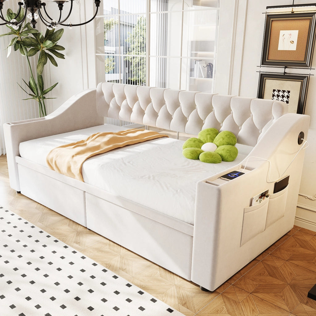 Letto divano con funzione letto in velluto beige 90x190 cm