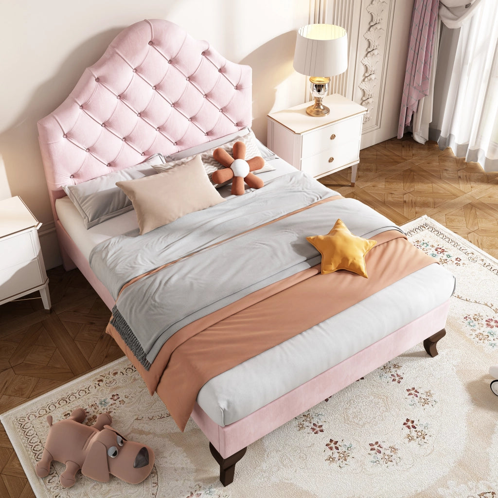 OKWISH Letto Singolo 90×200 cm con Testiera Regolabile e Rete a Doghe, senza Materasso, in Velluto, Rosa