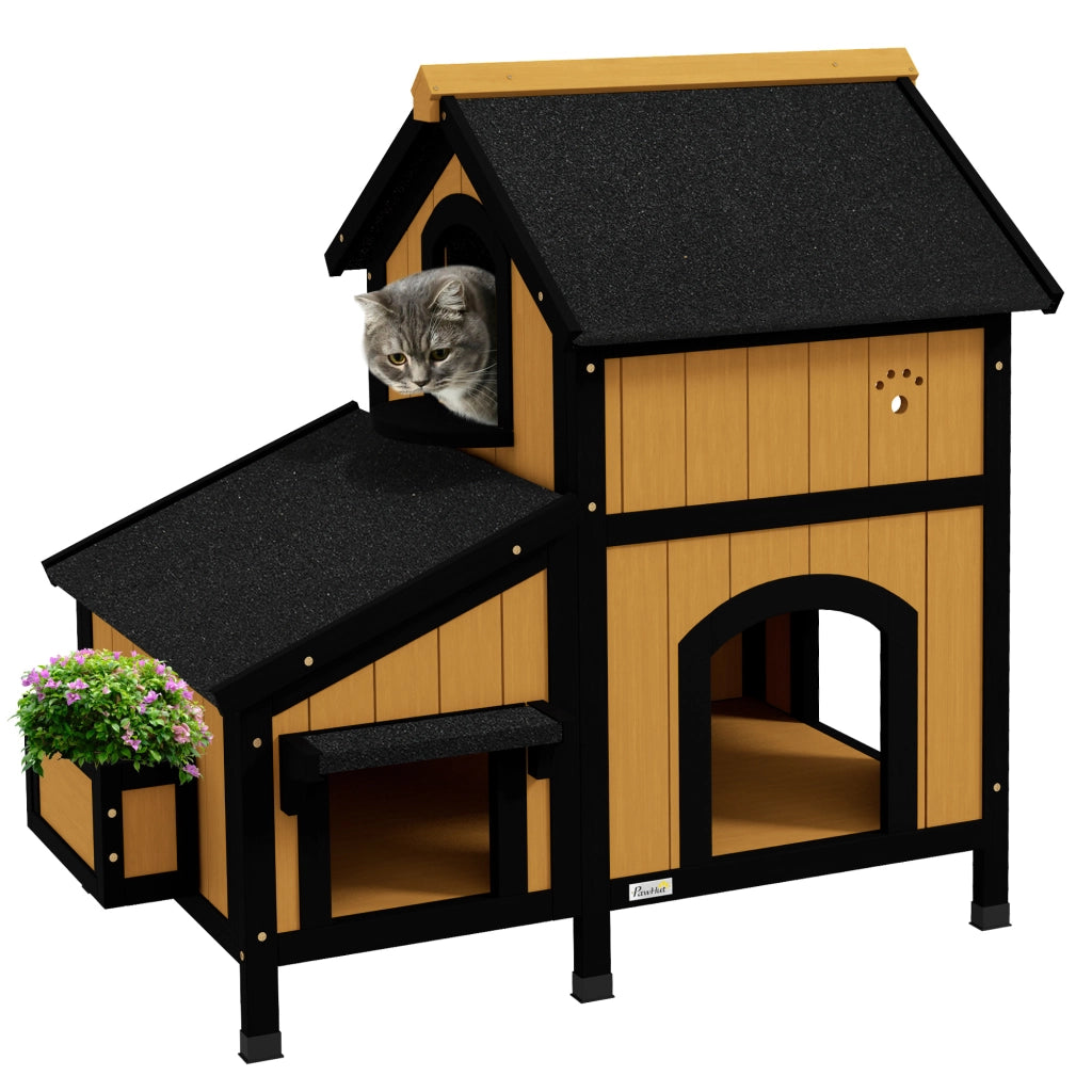 Casetta per gatti da esterno in legno, 2 piani, tetto impermeabile, 96 x 65 x 85,5 cm, gialla