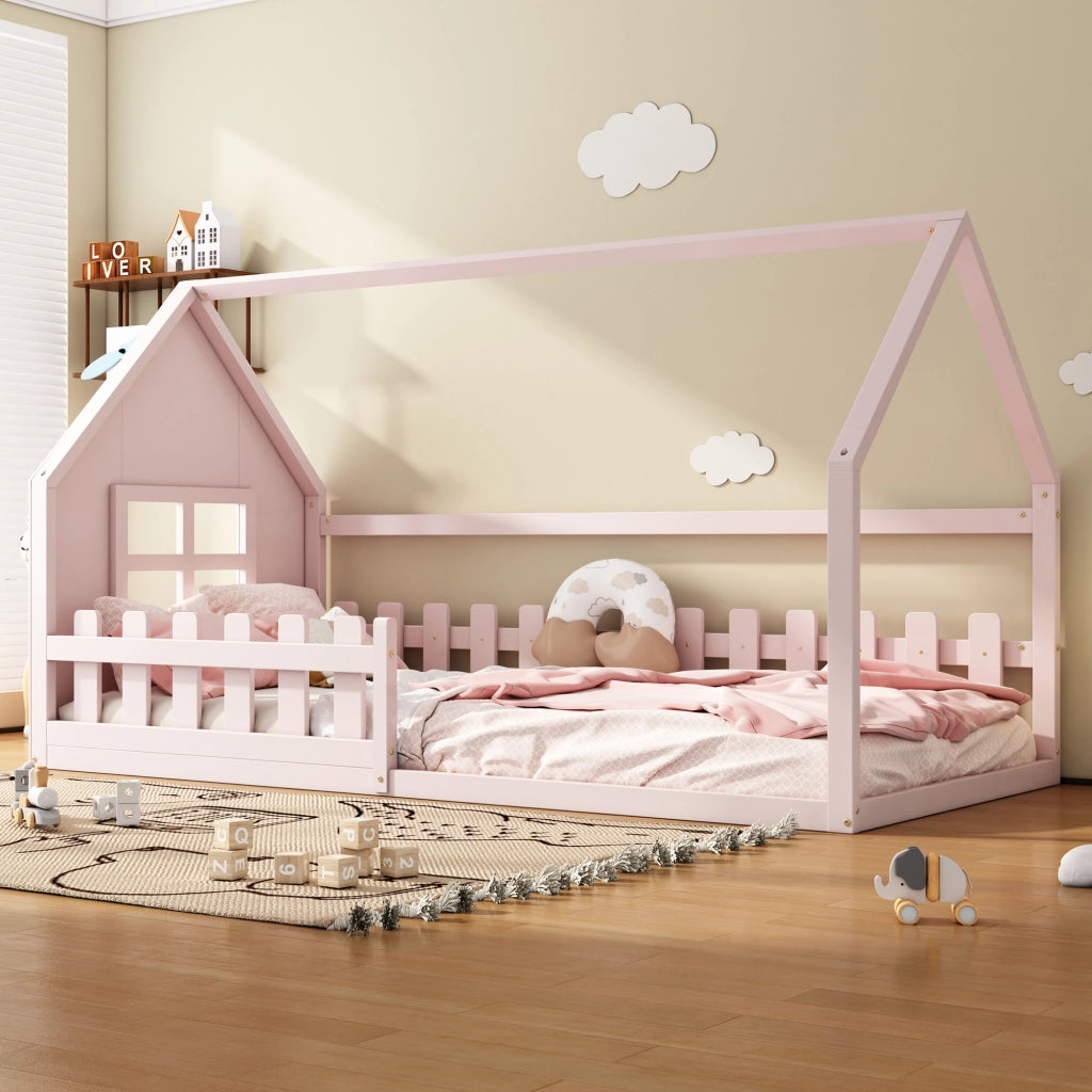 Letto a forma di casa rosa in pino e MDF 90x200 cm