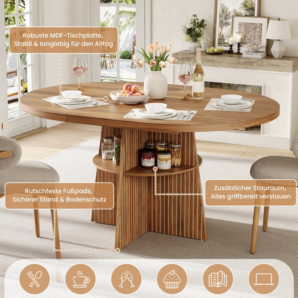 Tavolo allungabile rotondo per 2-8 persone con ripiano contenitore, in MDF, finitura noce, 110-150 × 110 × 77,5 cm