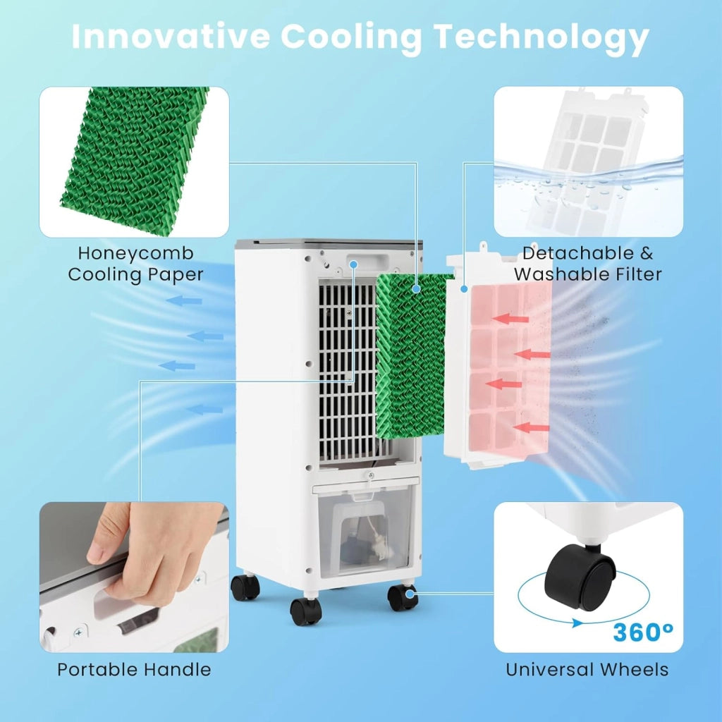 Ventilatore Condizionatore, 3 in 1 Ventilatore & Umidificatore & Raffrescatore, 3 Velocità, 2 Serbatoi d'Acqua, Timer 12H, Telecomando, per Salone, Camera da Letto, Ufficio (Grigio)