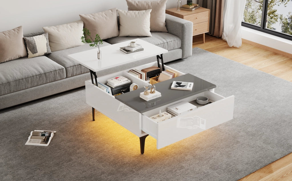 Tavolino basso sollevabile con LED e vano contenitore, piano in MDF lucido bianco e grigio, 70 × 70 × 35 cm