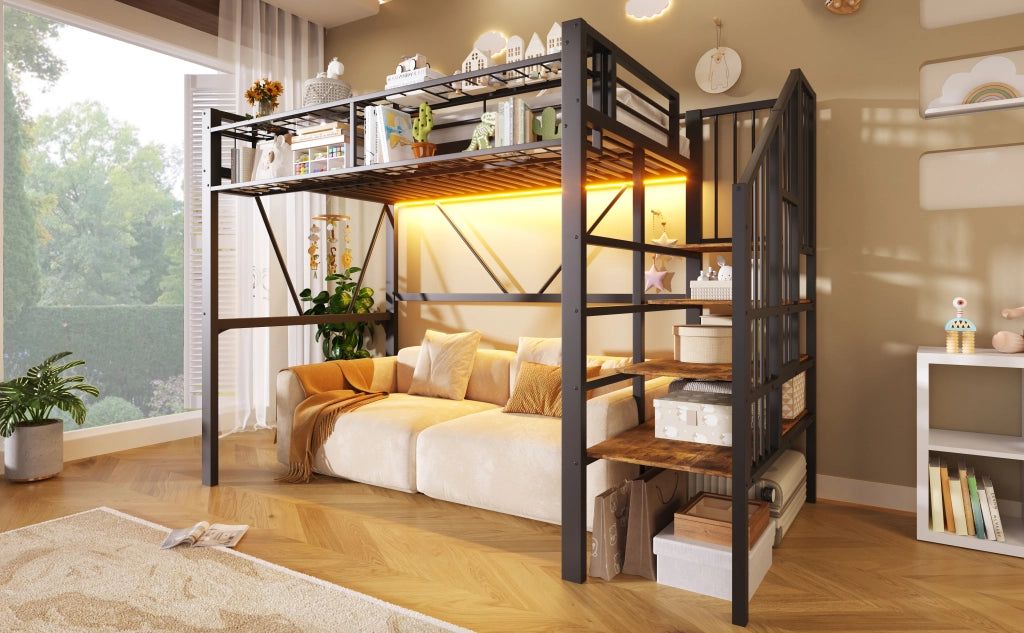 LETTO A CASTELLO 90x200 cm in metallo e MDF con LED, nero