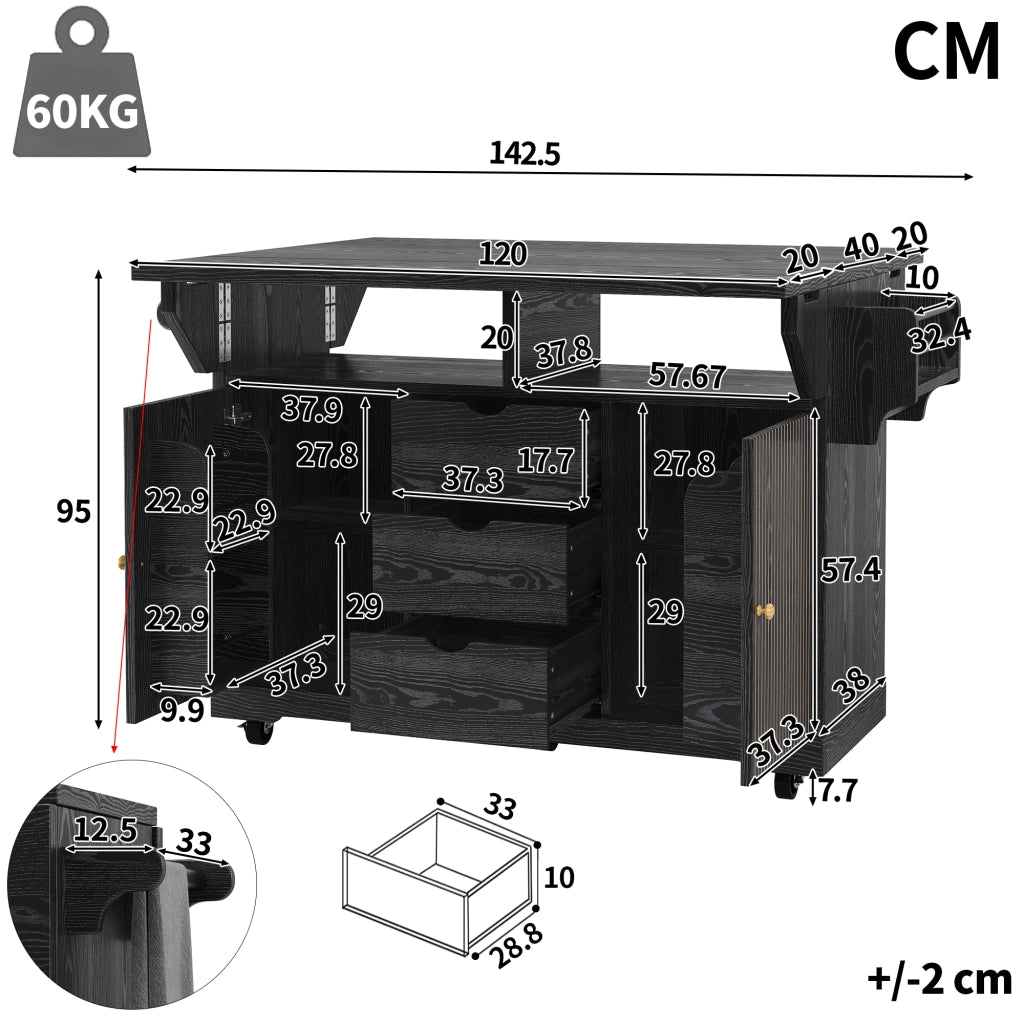 Carrello da cucina con 3 cassetti e ripiani regolabili; 2 allunghe pieghevoli; per cucina e sala da pranzo; in MDF e metallo; nero