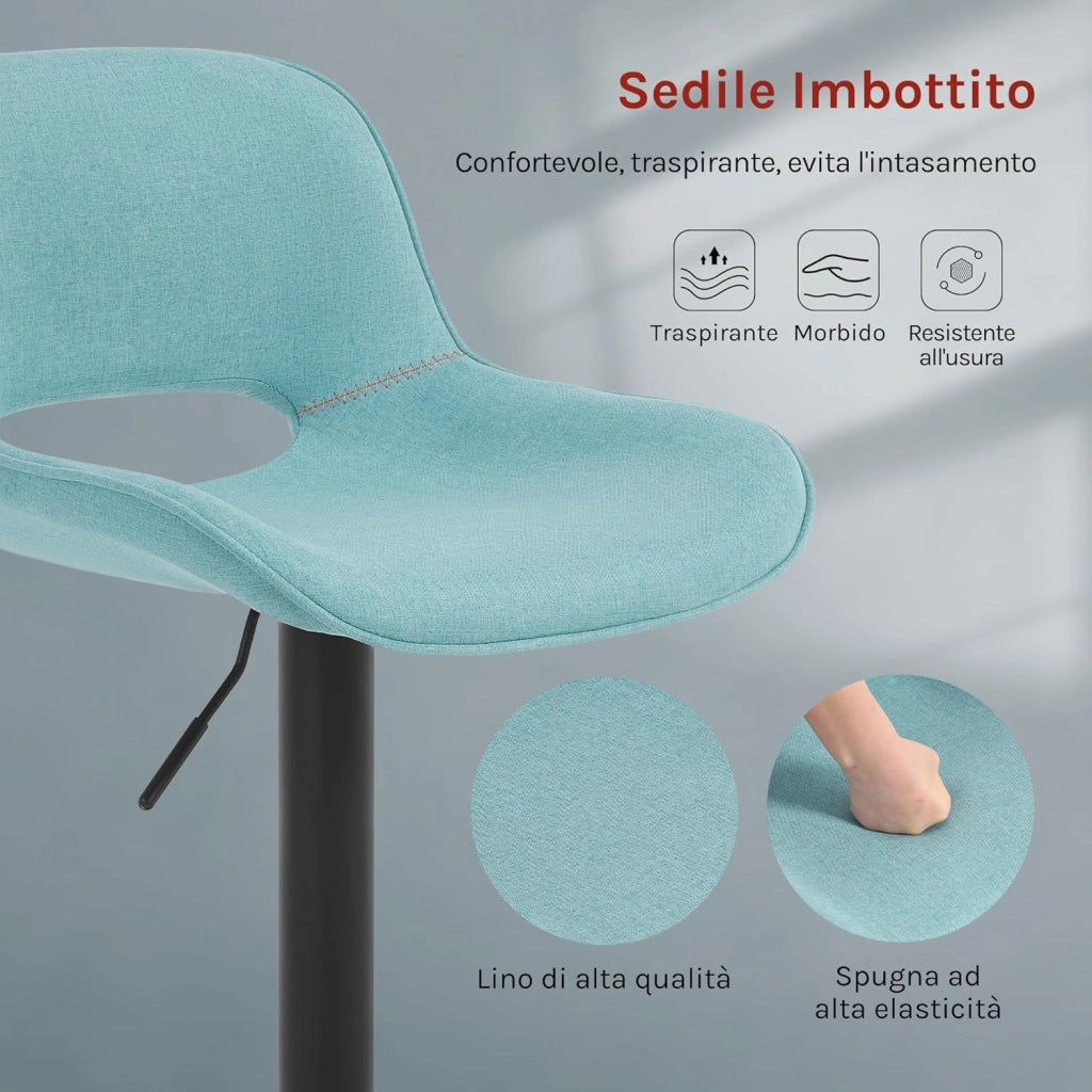 Set di 4 Sgabelli da Cucina, Sedia da Bar in Lino, Sgabello Regolabile in Altezza, con Schienale, Seduta Imbottita Girevole a 360°, per Bistrot, Pub, Base in Metallo, Blu, BH438bl-4