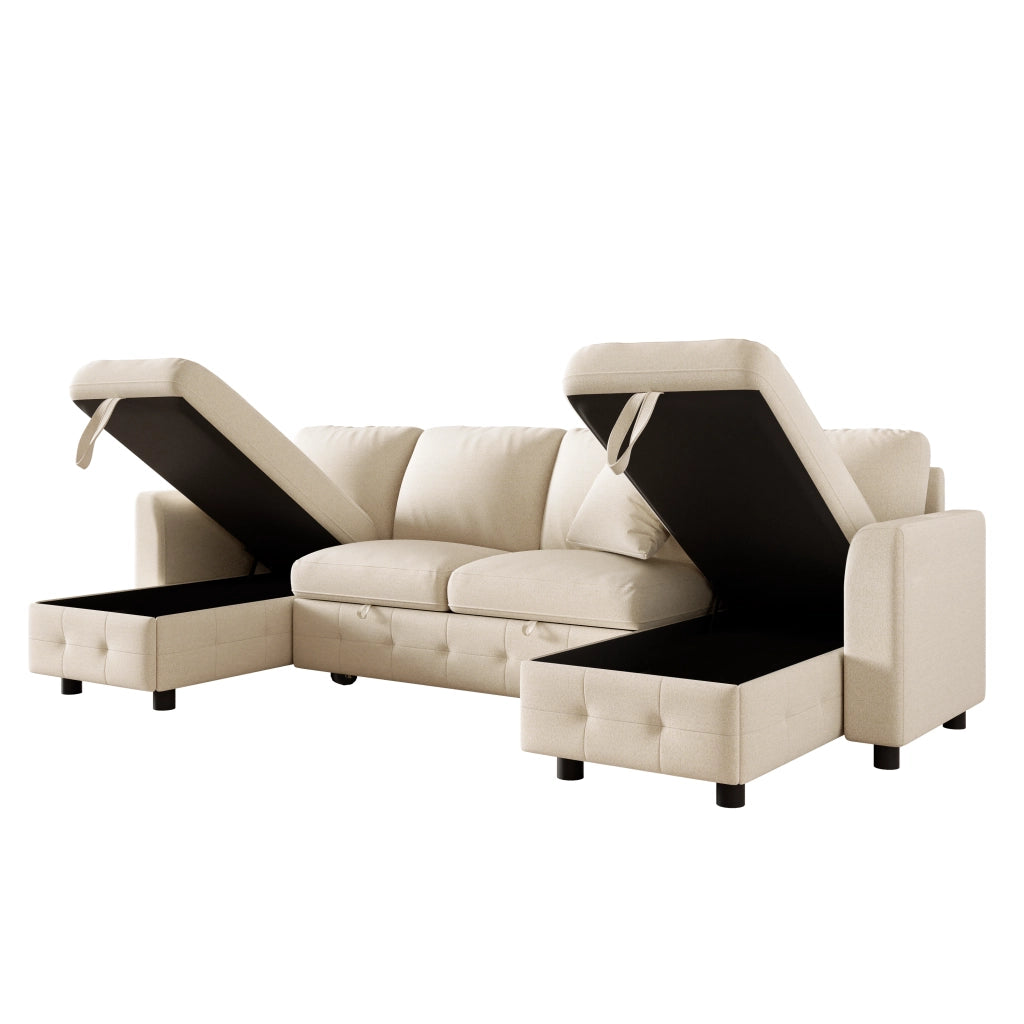 Divano angolare convertibile - con funzione letto e contenitore - in chenille beige