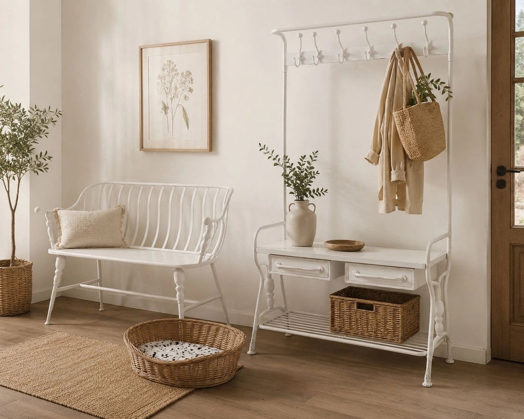 Mobile da ingresso con appendiabiti in metallo bianco 104x39x183h