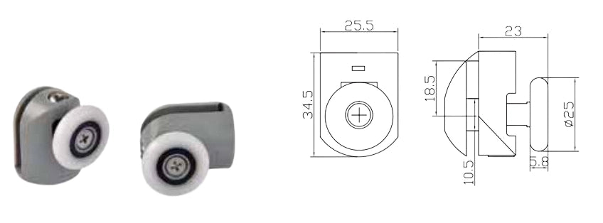 Coppia Cuscinetti Singola Ruota Attacco Superiore Box Doccia – Nylon Grigio Ø25 mm – Foro Vetro 12 mm