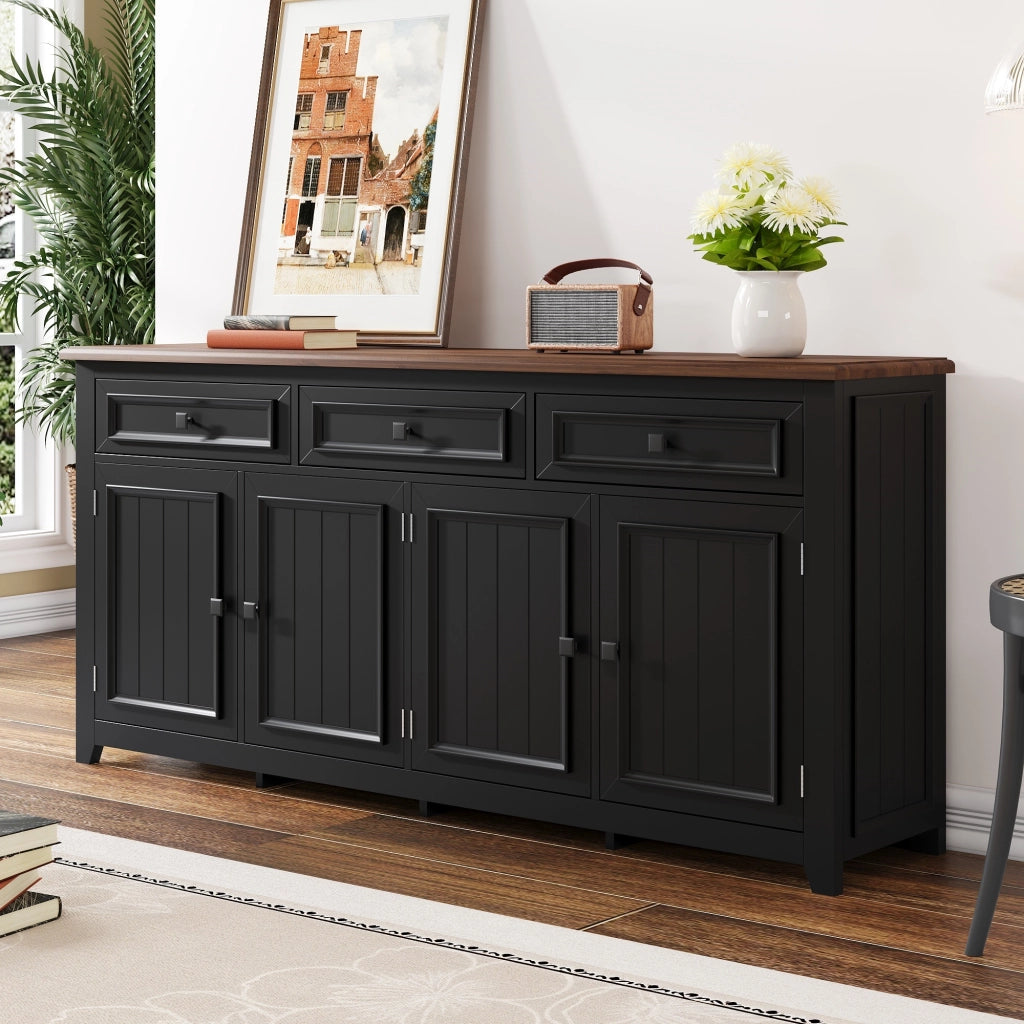 Credenza Nera 160 cm Mobile Buffet Moderno in MDF con 4 Ante e 3 Cassetti