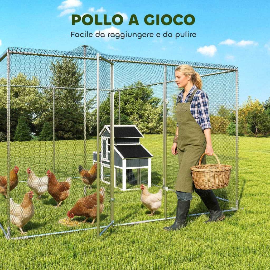 Pollaio per Galline da Esterno 400x300x197 cm con Tetto e Serrature in Acciaio Zincato Argento