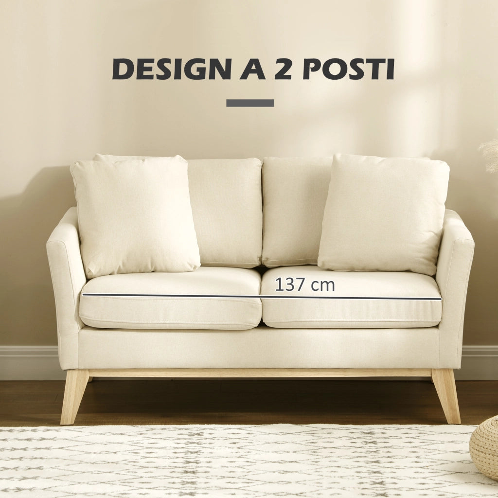 EasyComfort Divano da 2 Posti in Legno di Eucalipto e Tessuto Effetto Lino con 2 Cuscini, 137x78x78 cm, Beige