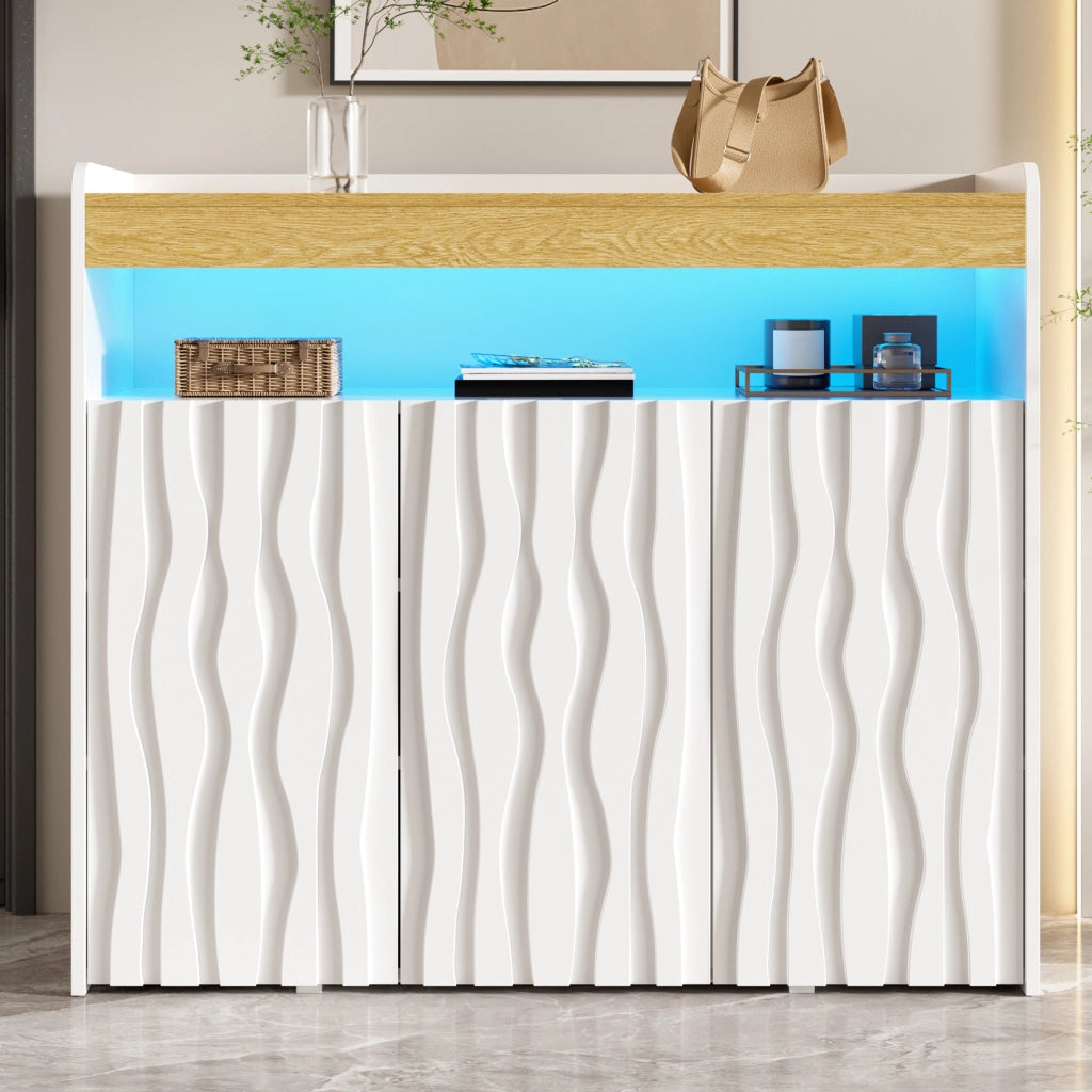 Sideboard moderno con 3 porte, LED integrato e ripiani regolabili, bianco e naturale, 105 x 33,5 x 76 cm