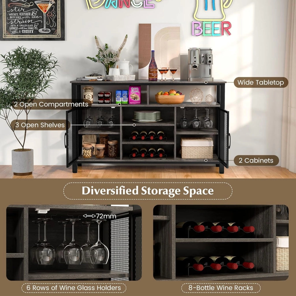 Credenza da Buffet, Mobilellto da Cucina con Portabottiglie e Portabicchieri, Porta TV per TV fino a 60" con 2 Armadietti con Anta, 3 Ripiani e 2 Scomparti Aperti, Nero/Grigio(Grigio)
