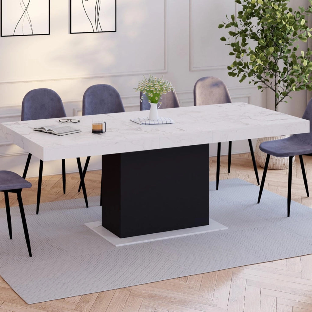 Tavolo da pranzo rettangolare allungabile EDEN 6-10 persone con piano ALASKA effetto marmo bianco e nero 160-200 cm