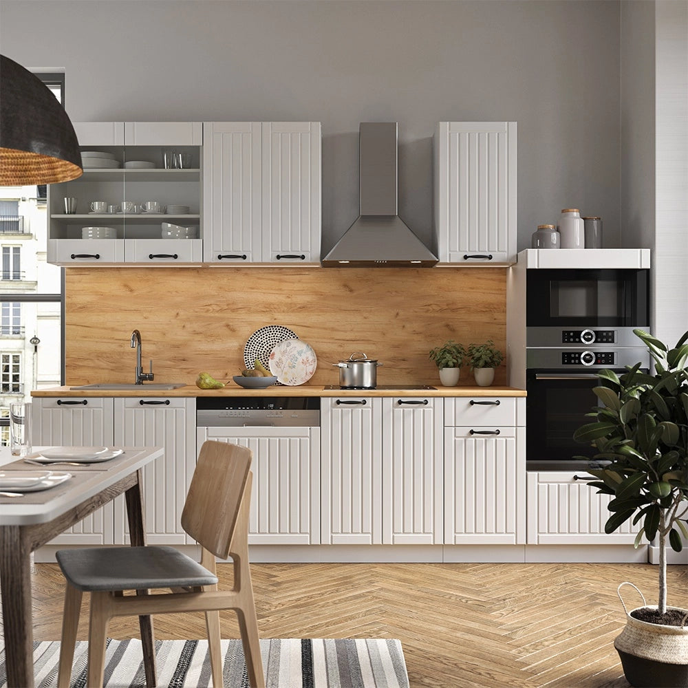 Cucina componibile Fame-Line Bianco rustico/Bianco 300 cm con armadio alto, PL Antracite Vicco