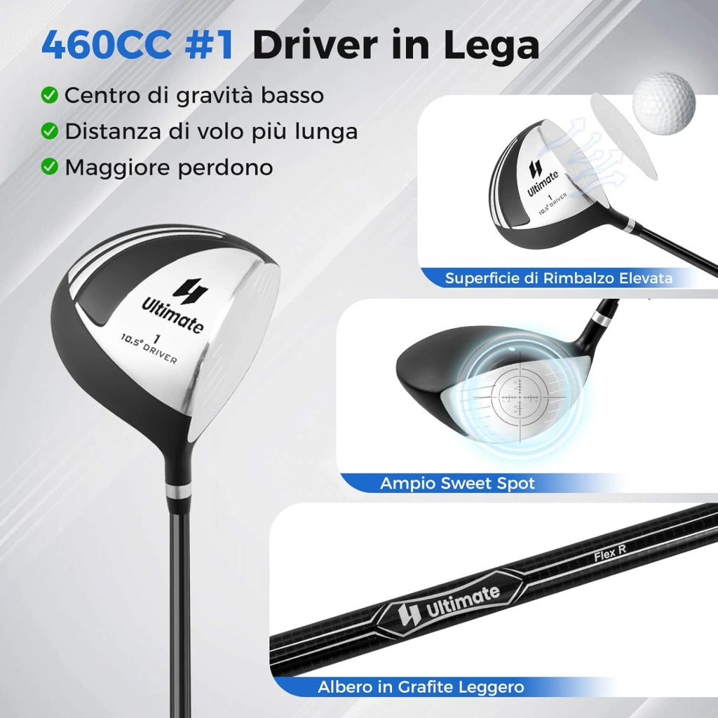 Set Completo di Mazze da Golf per Destri da Uomo, con Driver da 460 cc, Legno da Fairway 3, Ibrido 4, Ferri 6 7 8 9, P, Putter e Borsa per mazze da golf
