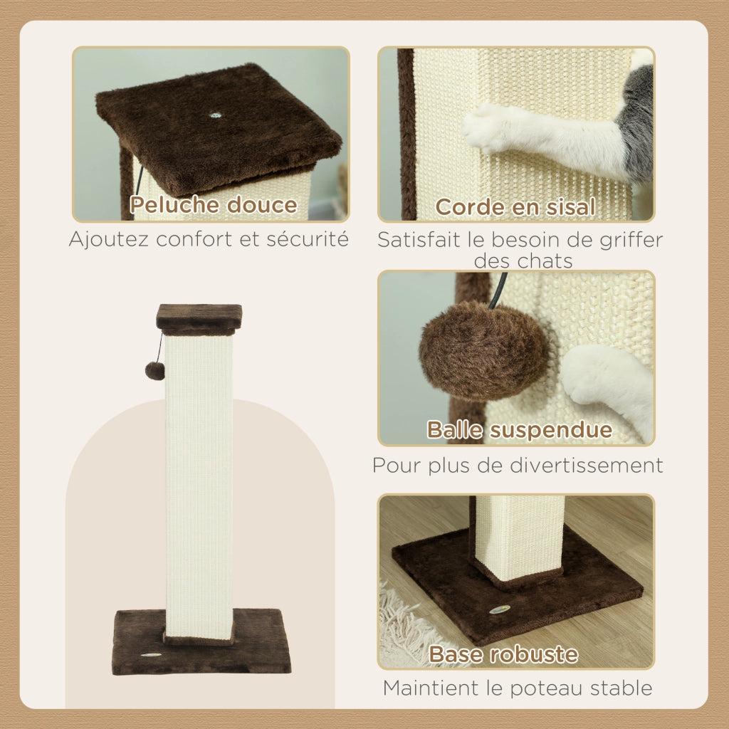 Tiragraffi per gatti in sisal e peluche con base stabile e palla sospesa ¨C zephmum ¨C marrone e crema 41x41x81 cm