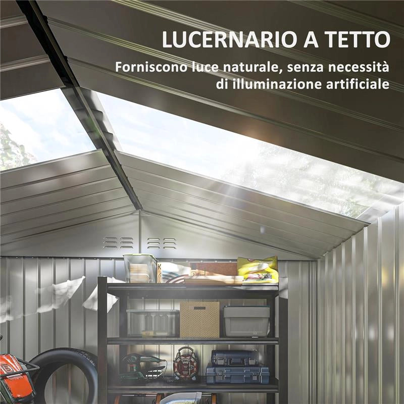 CASETTA PORTA ATTREZZI IN ACCIAIO CON TETTO INCLINATO E 2 PORTE SCORREVOLI 277X195X192 CM GRIGIO SCURO