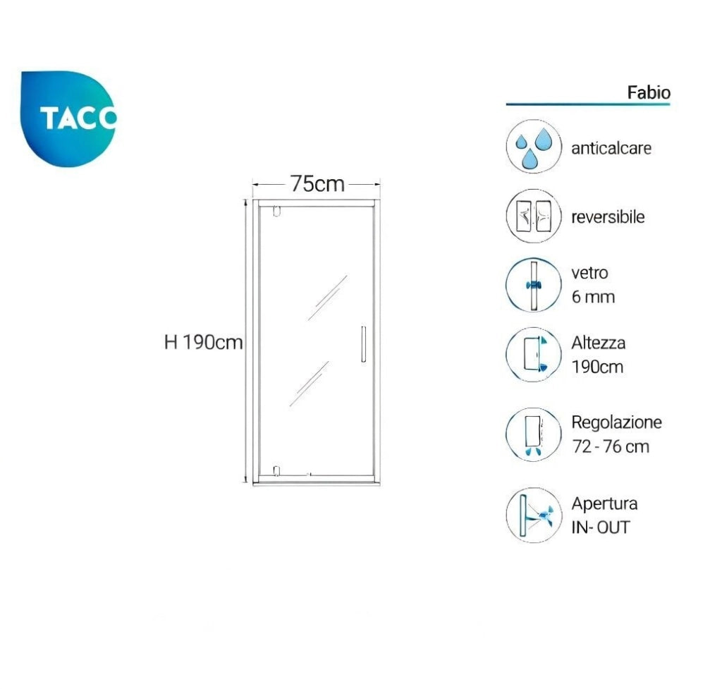 Box doccia nicchia 75 cm porta battente H190 cm FABIO - Cromato Lucido