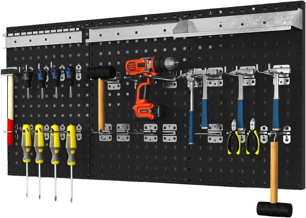 Pannello Porta Attrezzi da Parete 120 X 60 CM, 3 Pannelli Perforati in Metallo con kit di 29 Ganci, Stabile e Resistente, per Garage, Officina (Nero+Arancio, 120 X 60 X 2 CM)