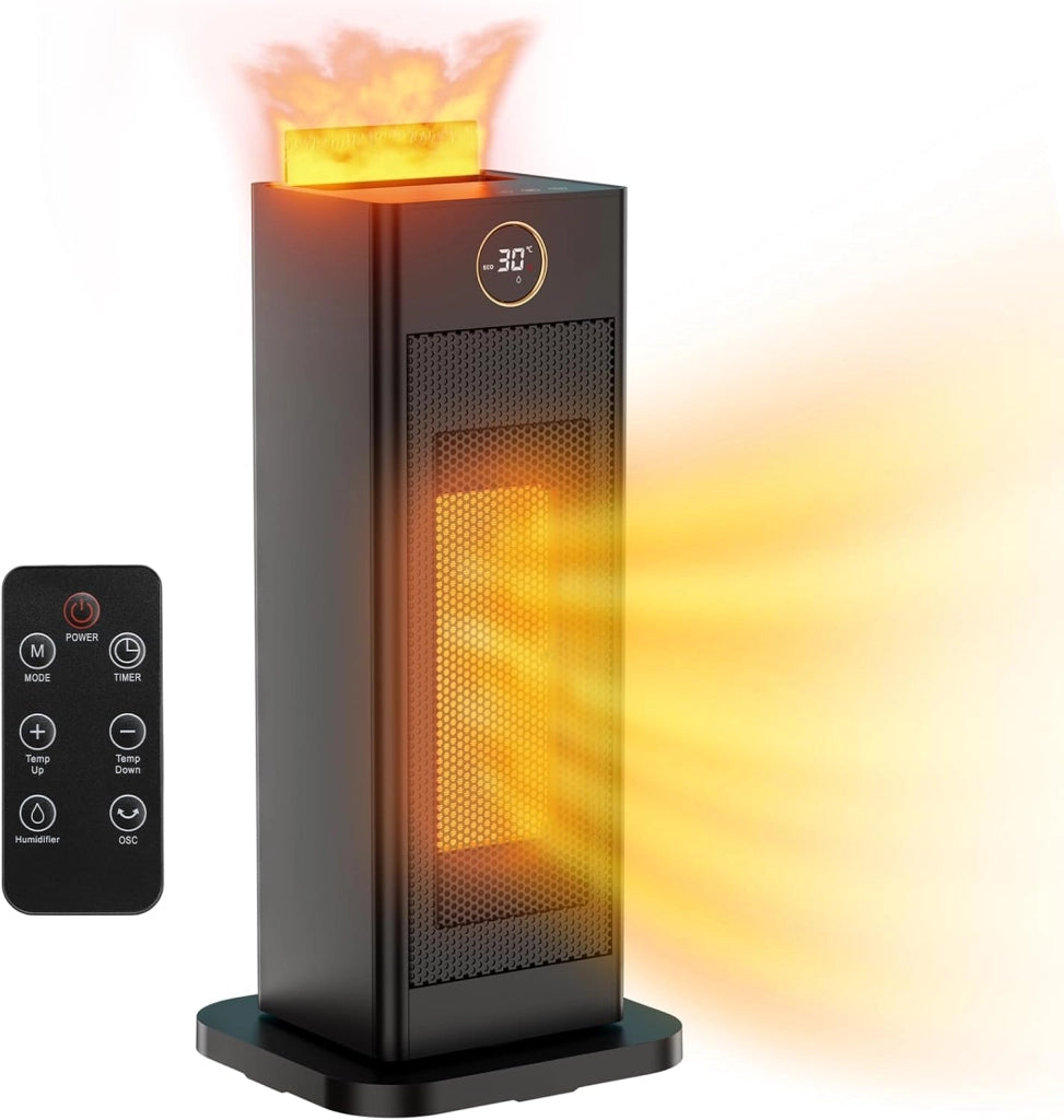 Termoventilatore piccolo con funzione di umidificazione e luce ambientale, 2000 W, riscalda rapidamente, silenzioso, timer 12 ore, 3 modalità, protezione antiribaltamento, riscaldamento elettrico con