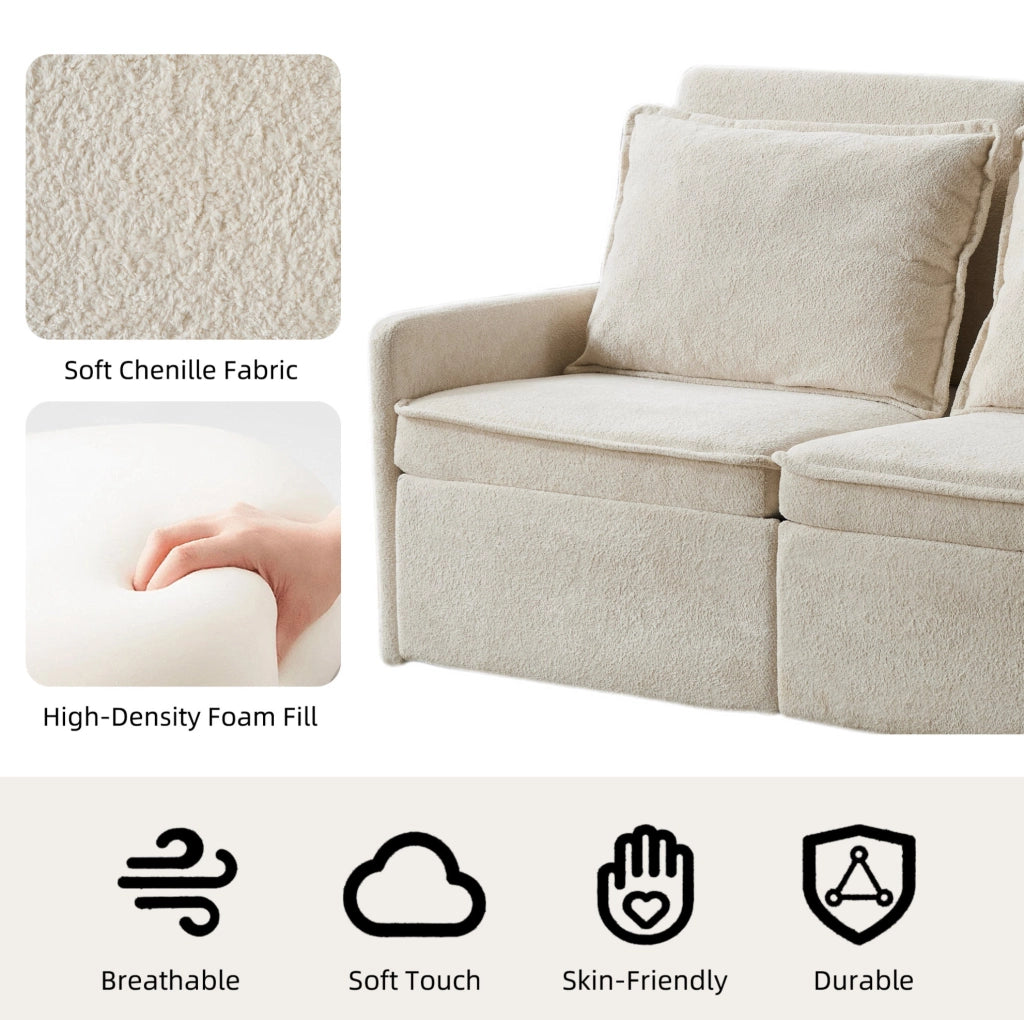 Divano letto ULEVR in ciniglia beige con schienale regolabile, tasche laterali e porta USB/Type-C