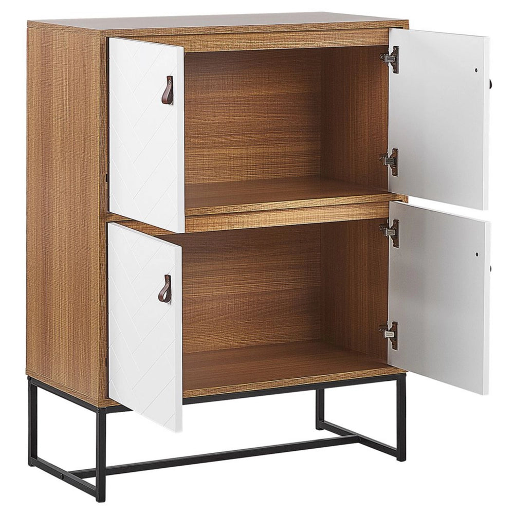 Credenza in legno chiaro con gambe in metallo bianco Mobiletto 2 scomparti 4 ante 100 x 76 cm Mobili da soggiorno tradizionali moderni